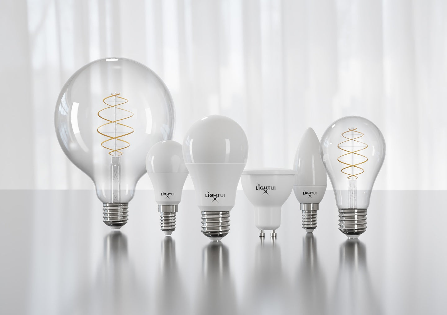 Żarówki LED LightUI z różnymi trzonkami, ustawione na jasnym tle.